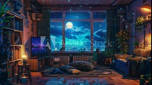Virtual streamer backgrounds stream overlay loop, cozy living room with big window and night sky, asset for vtuber twitch zoom OBS screen, anime lo-fi chill hip hop.