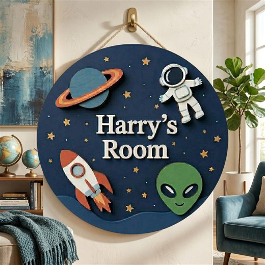 Personalized Space Name Sign for Kids Room, Custom Wooden Nursery Sign, Astronaut Rocket Alien Decor, Boy Room Wall Hanging, Galaxy Theme - Etsy