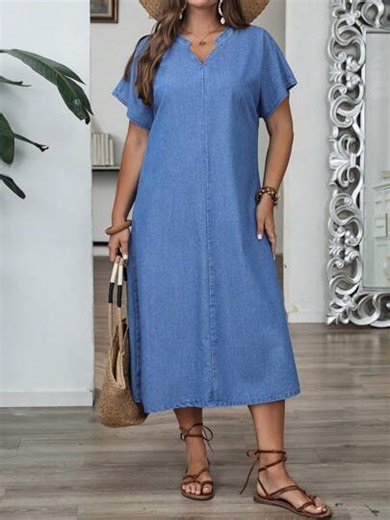 Mature Denim Plus Size V Neck Short Sleeve Casual Denim Dress Blue Jean Dress Women Linen Dresses For Women Summer Women Denim Dresses Denim Dress Curve Summer Dresses For Women Summer Dress Dresses For Women Summer Vacation Outfits Woman Beach Outfits For Woman Country Concert Outfit Boho | SHEIN