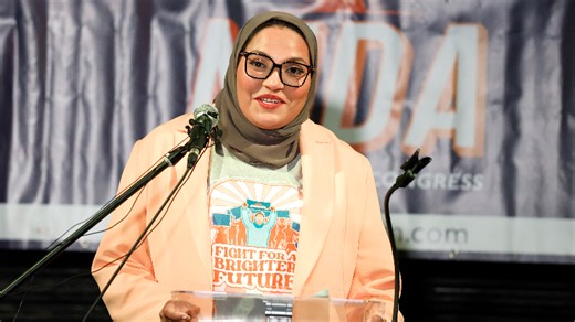 Nida Allam speaks to supporters late in the evening of election day