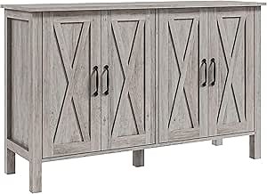 HOMCOM Buffet Cabinet, 47" Sideboard with 4 Barn Doors and 2 Adjustable Shelves, Farmhouse Coffee Bar Cabinet, Gray Wood Grain