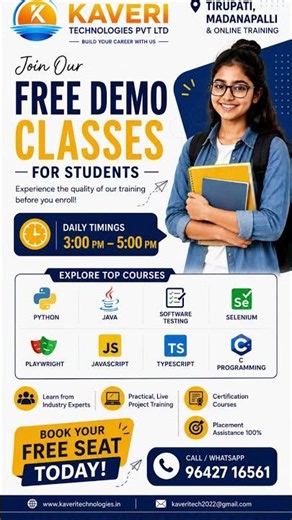 FREE Demo Classes | Python, Java, Software Testing, Selenium | Kaveri Technologies | Tirupati