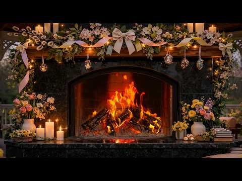 4K 🌸 Spring Floral Fireplace Ambience, Cozy Decor and Relaxing Fire Sounds 🔥