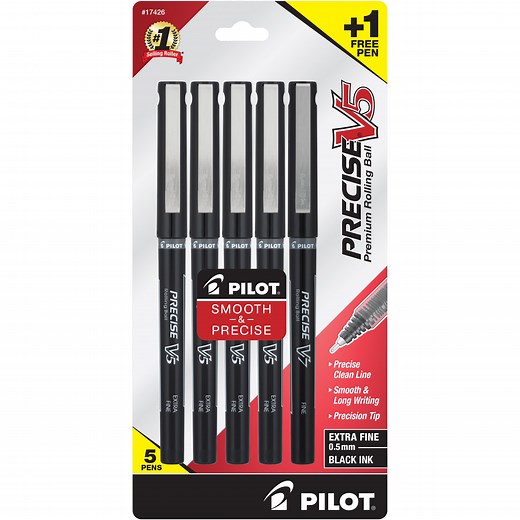 Pilot Precise V5 Premium Rolling Ball Stick Pens, Extra Fine Point, Black Ink, 4 Count with Bonus