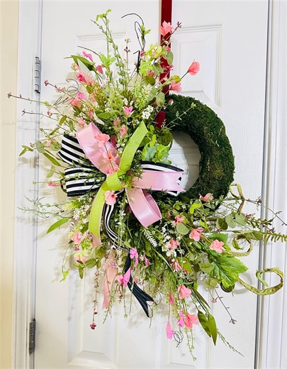 Moss Meadow Spring Wreath for Front Door, Pink Wildflower Greenery Door Hanger, Modern Farmhouse Decor, Black and White Stripe Bow Wreath - Etsy