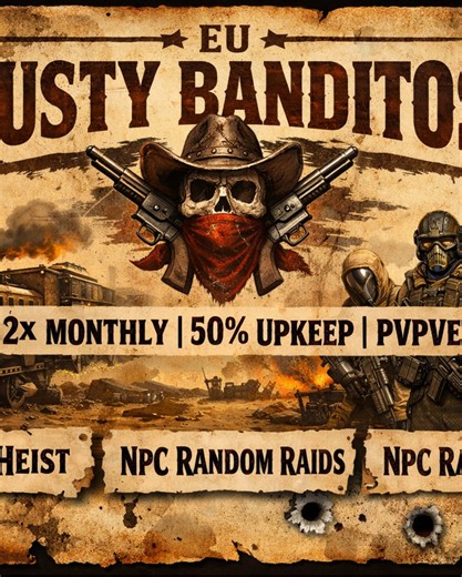 EU Rusty Banditos 2x Monthly| 50% UpKeep | PvPvE We’re looking for motivated players to help grow our Rust community! If you enjoy building active servers, inviting new players, and being part of a rising community, this is your chance to get rewarded for it. FIRST 30 PLAYERS WILL RECEIVE: ☆ 30 Days VIP Status ☆ Reserved Slots ☆ Priority Access as the server expands ☆ A server built to support up to 150 players 💰 Earn up to £50 depending on how many players you successfully bring to the server.