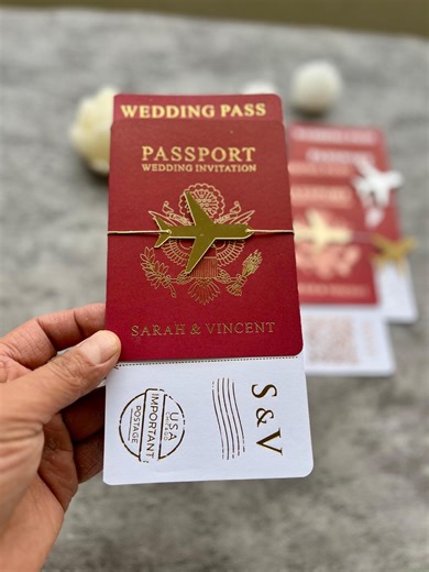 Burgundy Passport Wedding Invitation: Yellow Gold Foil, Boarding Pass - Etsy