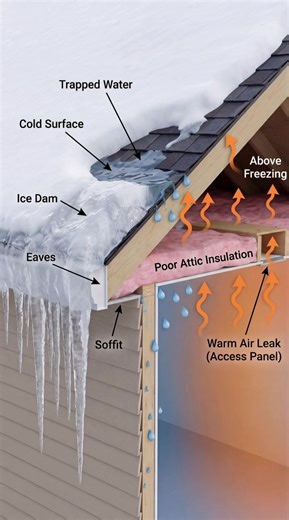 Ice damming doesn’t start at the roof edge. It starts inside the house. Warm air escapes into the attic, melts the snow above, then that water refreezes at the cold eaves. Now the meltwater has nowhere to go. So it backs up under the shingles and leaks into the attic. The roof gets blamed. But insulation, air sealing, and ventilation are usually the real issue. Fix the heat movement and the problem disappears. Ignore it, and leaks are only a matter of time.