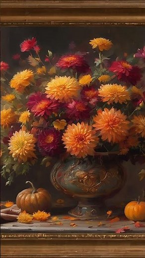 Autumn Still Life Painting. Flowers, Pumpkins Gold framed Vintage art screensaver. 4k TV background.