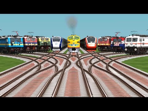9 Trains Railroad Crossing By Bumpy Branched Railroad Tracks || Train Journey Video