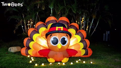 8 FT Thanksgiving Inflatables Turkey Outdoor Decorations Blow Ups Outside, Turkey Baby with Big Tail Pilgrim Hat Built-in LED Lights Yard Decor for Indoor Party Garden Lawn Fall Holiday
