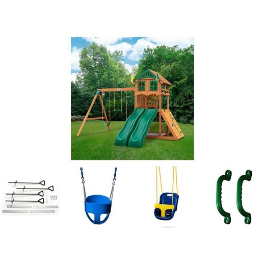 DIY Outing Swing Set Bundle with Two Slides, Three Multi Age Swing Types, Safety Handles & Anchoring Metal Stakes - The Home Depot