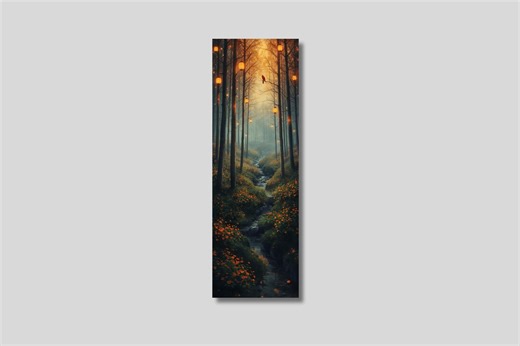 Enchanted Lantern Forest Canvas Art With Mystical Stream and Red Bird - Etsy