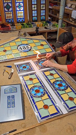 83K views · 9.3K reactions | Super nice entrance set I finished leading last week. That turquoise blue is definitely floating my boat!  My 00's music geekiness means I do have to mention that checkerboard background doesn't half remind me of the Wheatus album cover.. The one with the 'I'm just a Teenage Dirt bag' song on there 藍 #stainedglasswindow #madetoorder #frontdoor #craft #stainedglass #lightleadeddesigns | Light Leaded Designs | Facebook