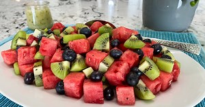 Watermelon and Berry Fruit Salad with Honey Basil Dressing