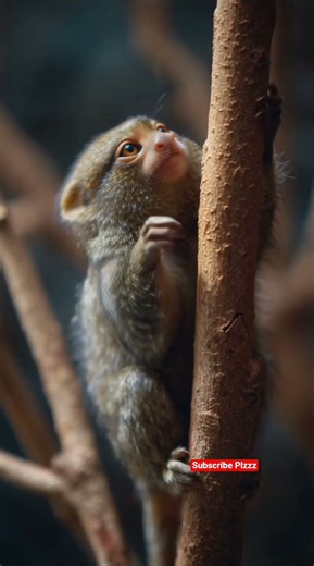 A cute pygmy marmoset (world’s smallest monkey) climbing a thin tree branch with tiny hands