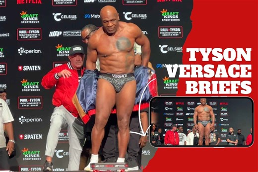 Mike Tyson surprises by stepping on the scale wearing a Versace combination and weighing 228.4 pounds