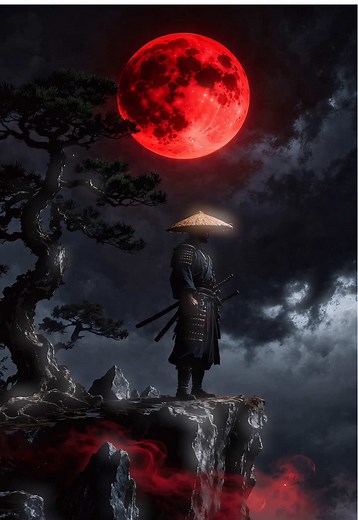 Samurai Faces Legendary Dragon in Red Moon III Art