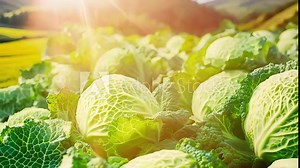 Lush cabbage field in sunlight on a rural farm with fresh green produce ready for harvest in a countryside agricultural landscape