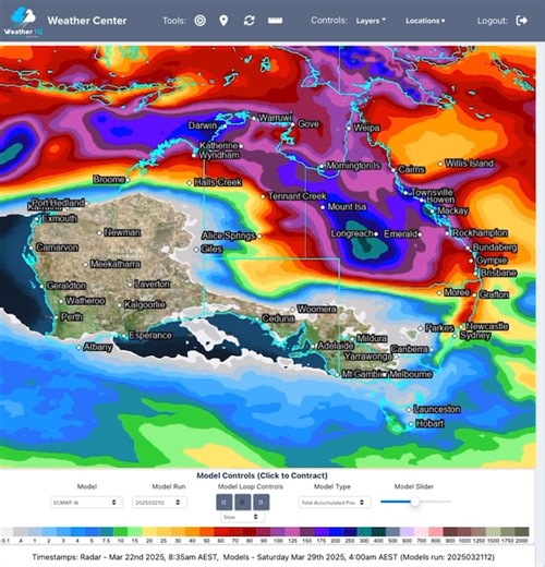 557K views · 2.3K reactions | The EC AI modelling showing how it predicts rainfall to accumulate over the course of the next 7/8 days. That rainfall over inland parts being the big inclusion to what is likely to be the last widespread wet season event. Stay updated and weather aware by accessing our daily forecasts and premium forecasting tools through membership at https://weatheriq.com.au/sign-up?referrer=facebook ️ | Weather IQ | Facebook