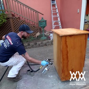 Here's how a professional sprays lacquer. Thanks to John at The Idaho Painter - B&K Painting sharing his tips. NOTE: Always wear a respirator. This was just a quick demo! Learn more about HVLP finishing and watch the full video here: http://woodworking.formeremortals.net/2017/02/spraying-lacquer-with-hvlp-step-it-up/ | Woodworking for Mere Mortals