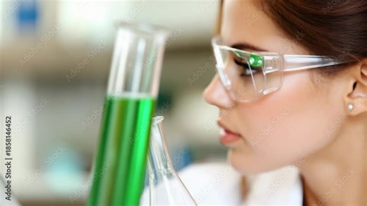 Young scientist laboratory safety goggles test tube beaker green liquid focused confident examining