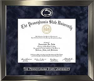 Penn State University Diploma Frame - Eco-Friendly - Officially Licensed - Modern Brushed Pewter Frame with Navy Blue Suede Mat and White Embossed Nittany Lion Logo
