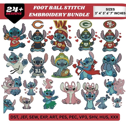 Football Stitch Angel Machine Embroidery Bundle (24  Designs) | Cute Cartoon Hearts & Sports Style Stitch Embroidery | Instant Download - Etsy
