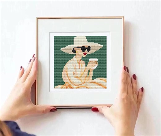 Girl Drinking Coffee Cross Stitch Pattern Female Design, Woman Chart Easy Cross Stitch PDF Pattern