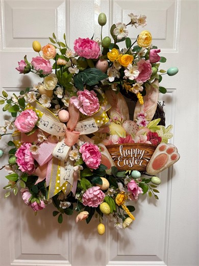 Pink & Yellow Easter Bunny Wreath – Spring Floral Door Decor With Eggs and “happy Easter” Sign - Etsy