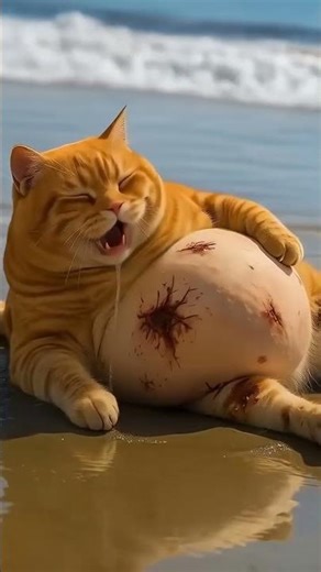 Orange cat fight with a shark Ai cartoon orange fat cat funny video720P HD