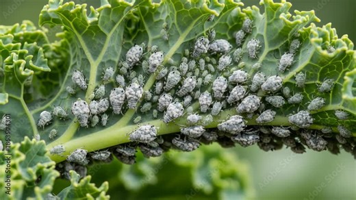 Heavy Infestation of Cabbage Aphids on Kale Leaf, Close-Up Macro Photography for Agriculture Education and Pest Control