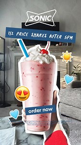 This evening could be a memory, or the start of a routine, with half price Shakes. Available for a limited time. Half price shakes available after 5 pm local time in the app or online only. Tax not included. Add-Ins cost extra and are not included in Half Price Shakes pricing. Limited time only at participating SONIC® Drive-Ins. TM & © 2025 America’s Drive-in Properties LLC. | Sonic Drive-In | Facebook