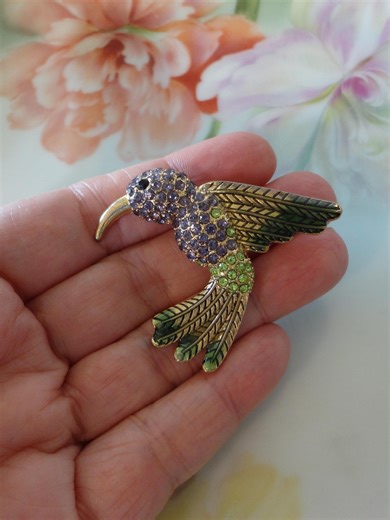 Vintage Crystal Hummingbird Brooch Pin Gold Plated Metal Epoxy Enamel Sparkling Purple Crystals Black Crystal Eye Hummer Estate Jewelry - Etsy