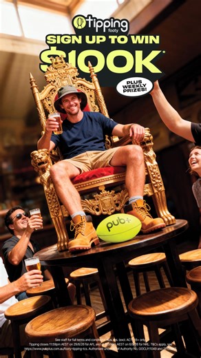 Attention footy fans, tipping has landed on pub 🏆 Sign up for a chance to win a share of $100k, plus weekly prizes all season long. Join a venue league or battle your mates in a private league. T&Cs apply. | pub plus