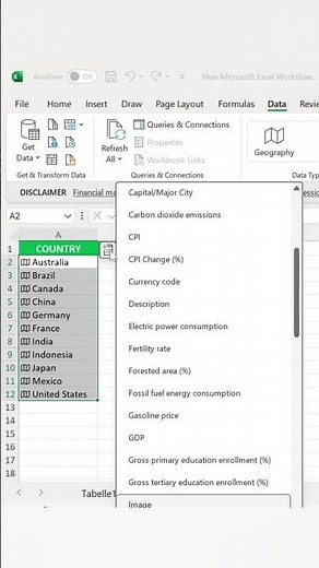 How to Get Country Data Automatically in Excel | Flags, Population, Currency #excel #shorts