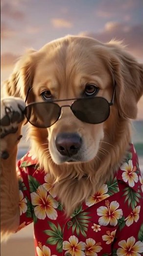 A cute golden retriever dancing on a beautiful tropical beach at sunset,