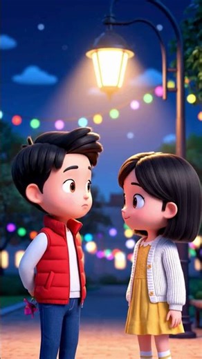 🌙✨ A cute 3D romantic moment under a glowing street lamp!