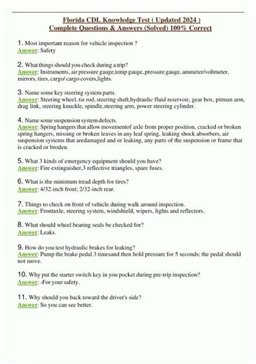 Florida CDL Knowledge Test Updated 2024 Complete Questions Answers Solved 100 Correct