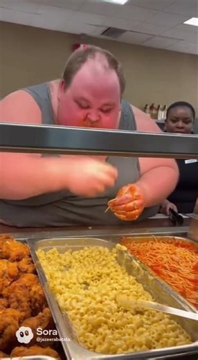 Man throws up in food trays at a buffet.