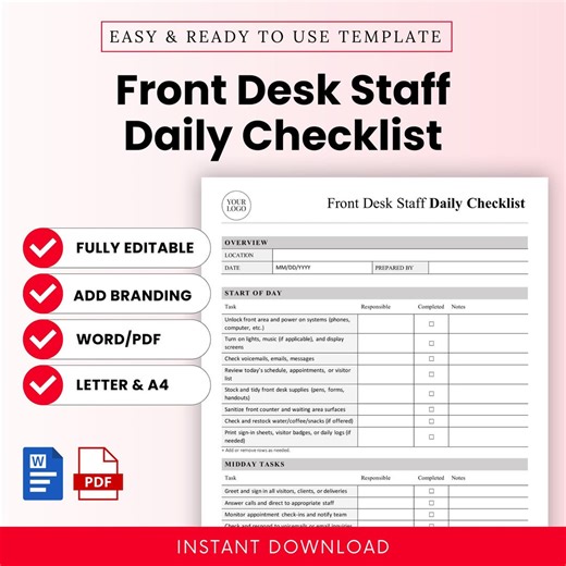 Front Desk Staff Daily Checklist Template – Word & PDF, A4   US Letter - Etsy UK