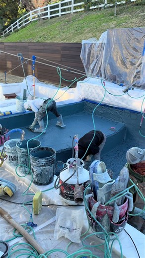 Pebble day! #pools #pebbleplaster #satisfying #custompools #luxury@Primetimepoolplastering