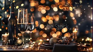Festive holiday table setting with elegant decor, sparkling lights, wine, and candles