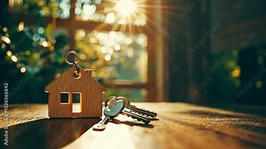 Wooden house key chain with keys on a wooden surface with sunlight shining through a window in the background.