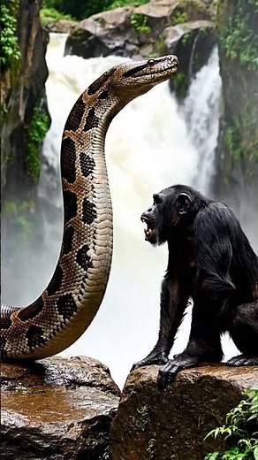 African Rock Python vs Chimpanzee on the a fast-flowing gorge below a cataract