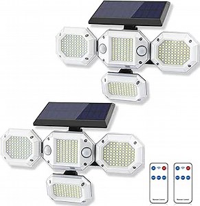 Solar Powered Security Flood Light Outdoor IP65 Waterproof,4 Heads Super Bright Solar Garage Flood Lights Outdoor 2 Motion Sensor with Remote Control, Solar Powered Motion Lights for Outside