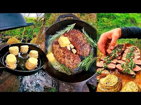 🏕️ Campfire Cooking Sirloin Steak with Potato Towers 🥩 ASMR Cooking in the Wild