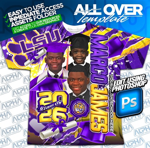 Purple & Gold Class of 2026 Graduation AOP Shirt | All Over Print Graduation Shirt Template Shirt Design, Grad Psd Template, DIY - Etsy