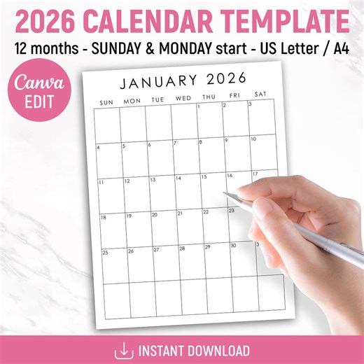 2026 Calendar Planner Template, Monthly Planner Pages, Monthly Calendar, US Letter, A4, Monday & Sunday Start, Printable, Canva Editable - Etsy
