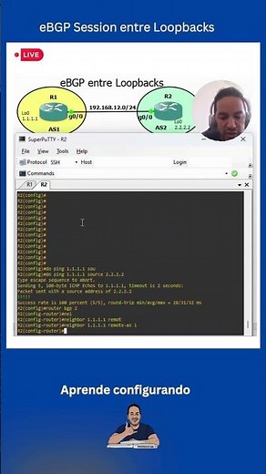 Tutorial de configuración de sesión eBGP en routers Cisco con interfaces de Loopback. #ccnp #shorts